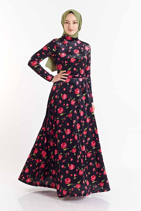 Gül Desenli Kadife Elbise 180SB8818 Lacivert-Pembe