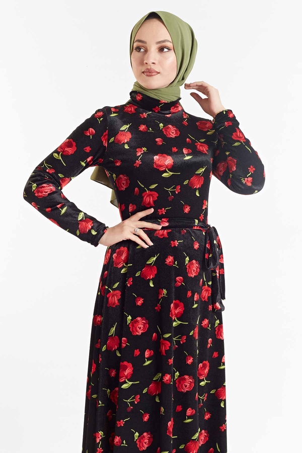 Gül Desenli Kadife Elbise 180SB8818 Siyah-Kırmızı