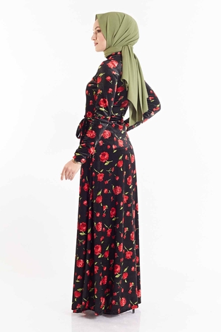 Gül Desenli Kadife Elbise 180SB8818 Siyah-Kırmızı - Thumbnail