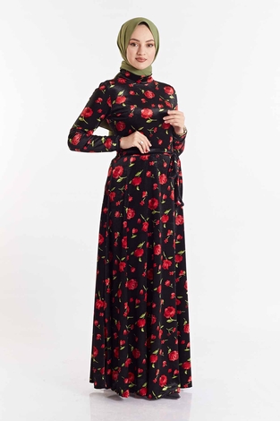 Gül Desenli Kadife Elbise 180SB8818 Siyah-Kırmızı - Thumbnail