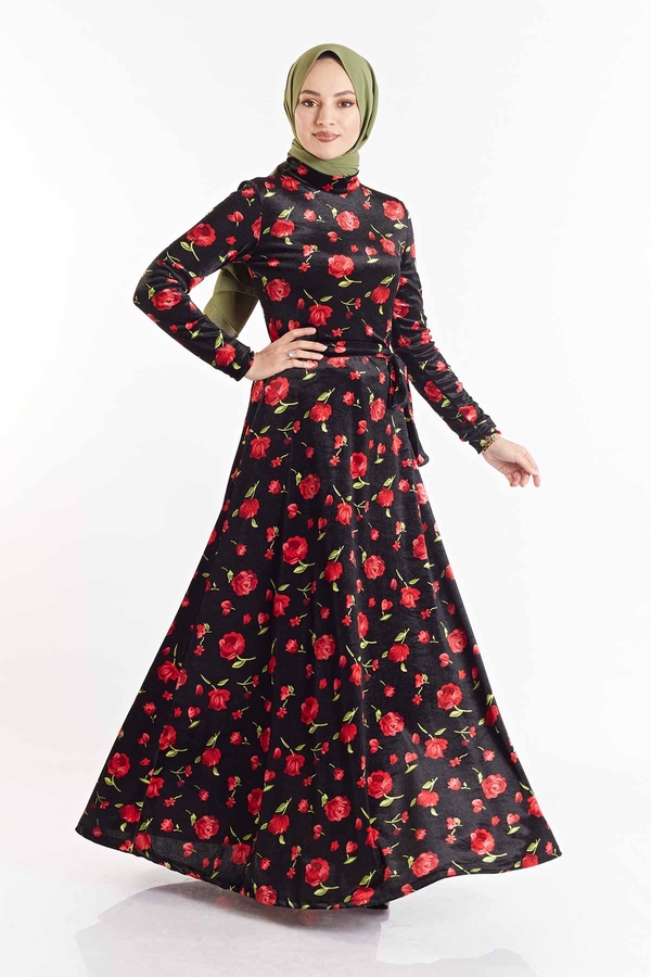 Gül Desenli Kadife Elbise 180SB8818 Siyah-Kırmızı