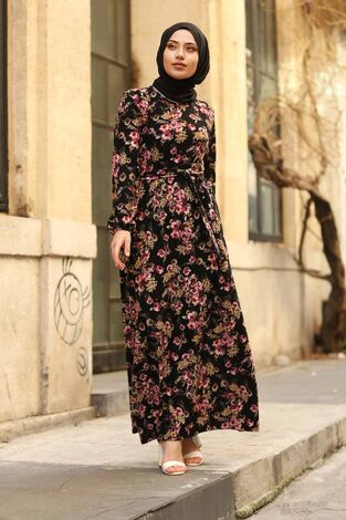 Gül Desenli Kuşaklı Elbise 180SB-5080 Siyah - Thumbnail