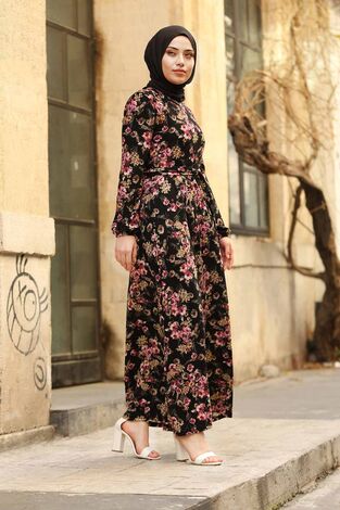 Gül Desenli Kuşaklı Elbise 180SB-5080 Siyah - Thumbnail