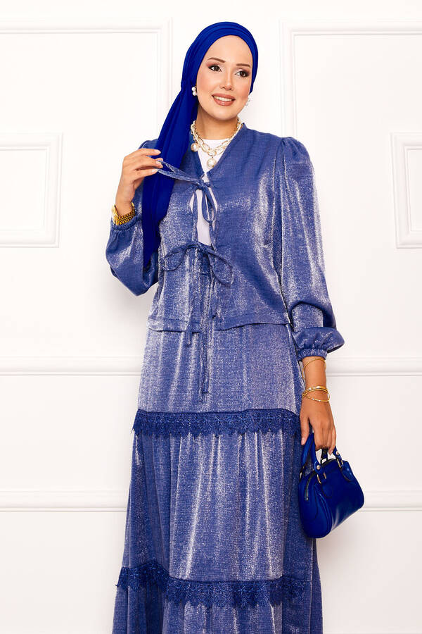 MD - Güpür Detaylı Etekli Kimonolu Takım İndigo (1) MD - Güpür Detaylı Etekli Kimonolu Takım İndigo (1)