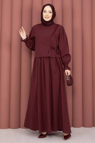 Güpür Şeritli Elbiseli İkili Takım Bordo - Thumbnail