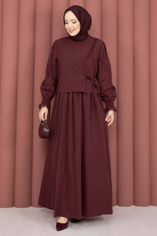 Güpür Şeritli Elbiseli İkili Takım Bordo - Thumbnail