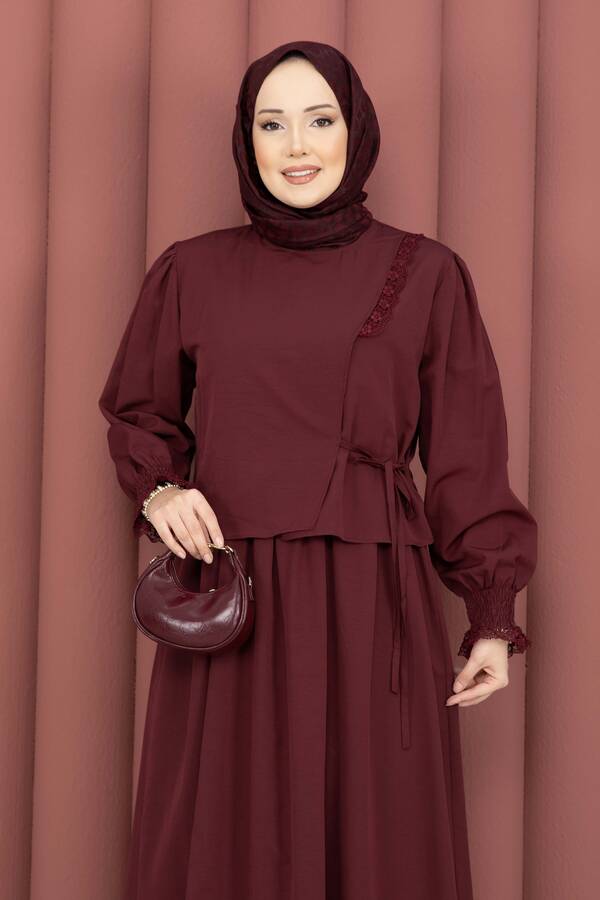 Asm - Güpür Şeritli Elbiseli İkili Takım Bordo (1)