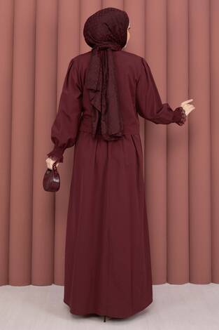 Güpür Şeritli Elbiseli İkili Takım Bordo - Thumbnail