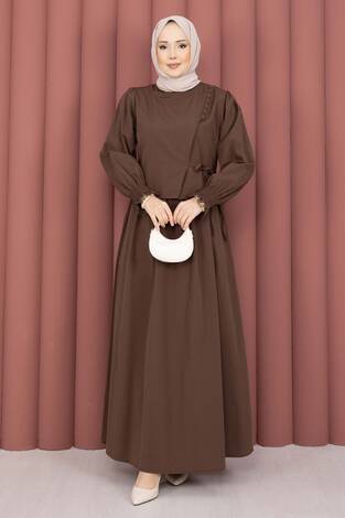 Güpür Şeritli Elbiseli İkili Takım Kahve - Thumbnail