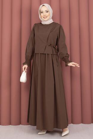 Güpür Şeritli Elbiseli İkili Takım Kahve - Thumbnail