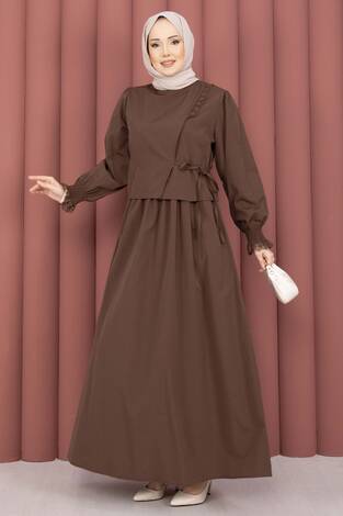 Güpür Şeritli Elbiseli İkili Takım Kahve - Thumbnail