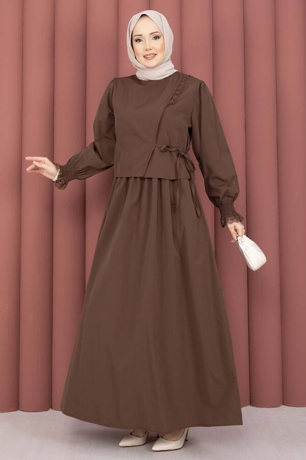 Asm - Güpür Şeritli Elbiseli İkili Takım Kahve