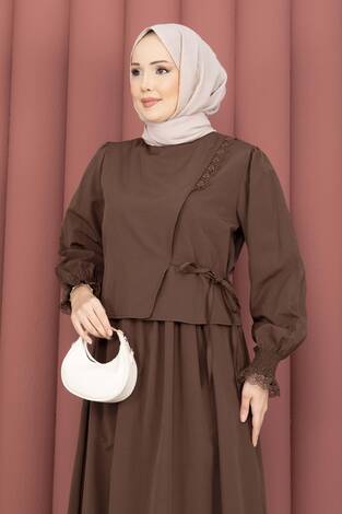 Güpür Şeritli Elbiseli İkili Takım Kahve - Thumbnail