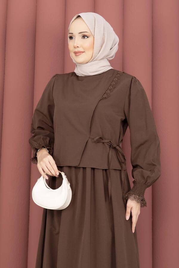 Asm - Güpür Şeritli Elbiseli İkili Takım Kahve (1)