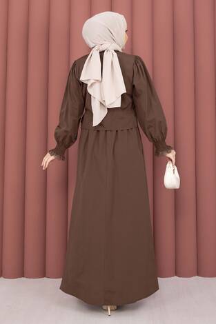 Güpür Şeritli Elbiseli İkili Takım Kahve - Thumbnail