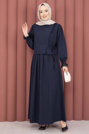 Güpür Şeritli Elbiseli İkili Takım Lacivert - Thumbnail