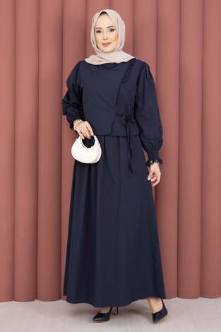 Güpür Şeritli Elbiseli İkili Takım Lacivert