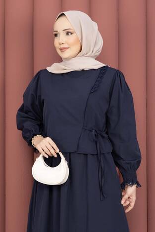 Güpür Şeritli Elbiseli İkili Takım Lacivert - Thumbnail