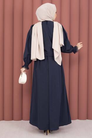 Güpür Şeritli Elbiseli İkili Takım Lacivert - Thumbnail