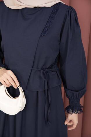 Güpür Şeritli Elbiseli İkili Takım Lacivert - Thumbnail