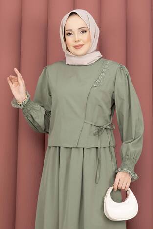 Güpür Şeritli Elbiseli İkili Takım Mint - Thumbnail