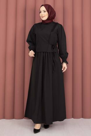 Güpür Şeritli Elbiseli İkili Takım Siyah - Thumbnail