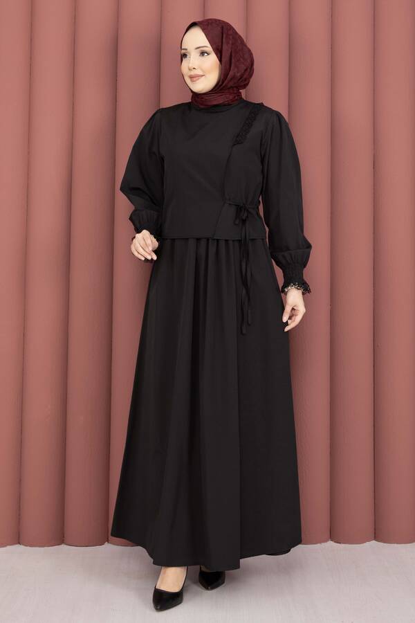 Asm - Güpür Şeritli Elbiseli İkili Takım Siyah