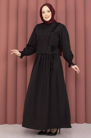 Güpür Şeritli Elbiseli İkili Takım Siyah - Thumbnail