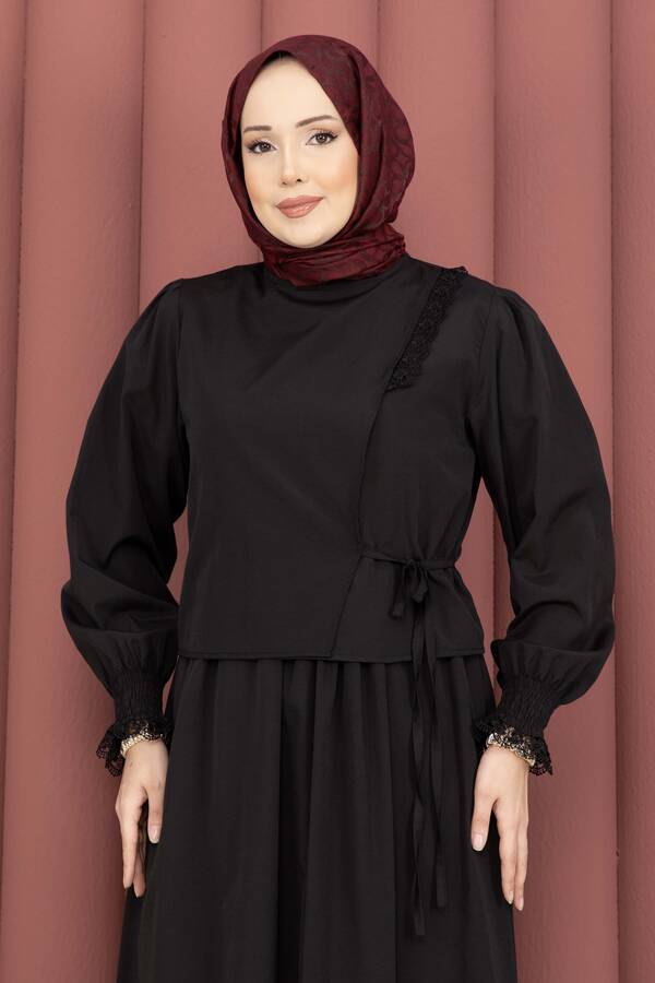 Asm - Güpür Şeritli Elbiseli İkili Takım Siyah (1)