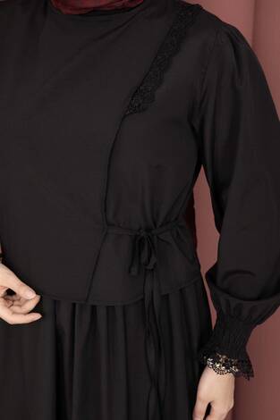 Güpür Şeritli Elbiseli İkili Takım Siyah - Thumbnail