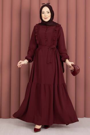 Güpür Şeritli Kuşaklı Tesettür Elbise Bordo - Thumbnail