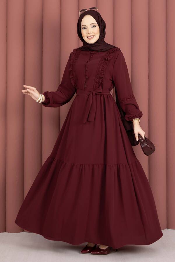 Asm - Güpür Şeritli Kuşaklı Tesettür Elbise Bordo