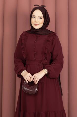Güpür Şeritli Kuşaklı Tesettür Elbise Bordo - Thumbnail