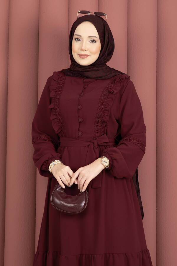 Asm - Güpür Şeritli Kuşaklı Tesettür Elbise Bordo (1)