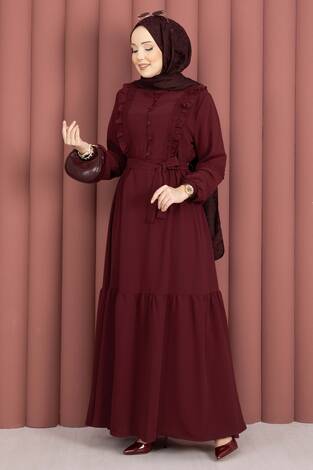 Güpür Şeritli Kuşaklı Tesettür Elbise Bordo - Thumbnail