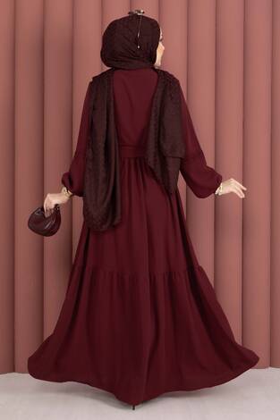Güpür Şeritli Kuşaklı Tesettür Elbise Bordo - Thumbnail