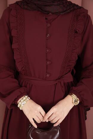 Güpür Şeritli Kuşaklı Tesettür Elbise Bordo - Thumbnail