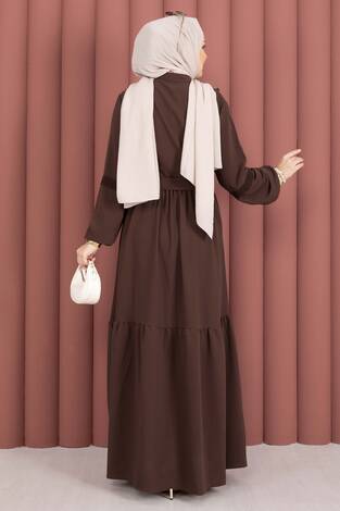 Güpür Şeritli Kuşaklı Tesettür Elbise Kahve - Thumbnail