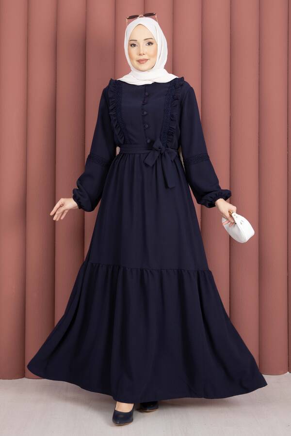 Asm - Güpür Şeritli Kuşaklı Tesettür Elbise Lacivert