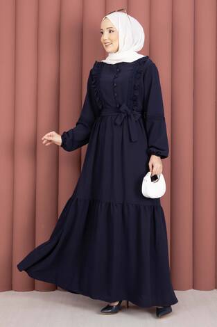 Güpür Şeritli Kuşaklı Tesettür Elbise Lacivert - Thumbnail