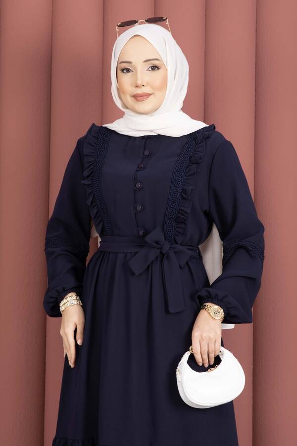 Asm - Güpür Şeritli Kuşaklı Tesettür Elbise Lacivert (1)