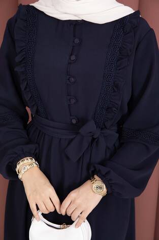 Güpür Şeritli Kuşaklı Tesettür Elbise Lacivert - Thumbnail