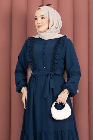 Güpür Şeritli Kuşaklı Tesettür Elbise Petrol - Thumbnail