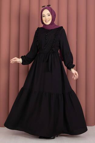 Güpür Şeritli Kuşaklı Tesettür Elbise Siyah - Thumbnail