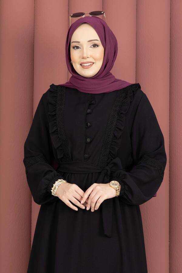 Asm - Güpür Şeritli Kuşaklı Tesettür Elbise Siyah (1)