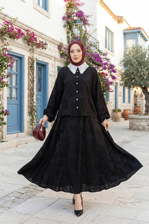 Güpür Yakalı Önden Düğmeli Gömlek Etek Takım Siyah