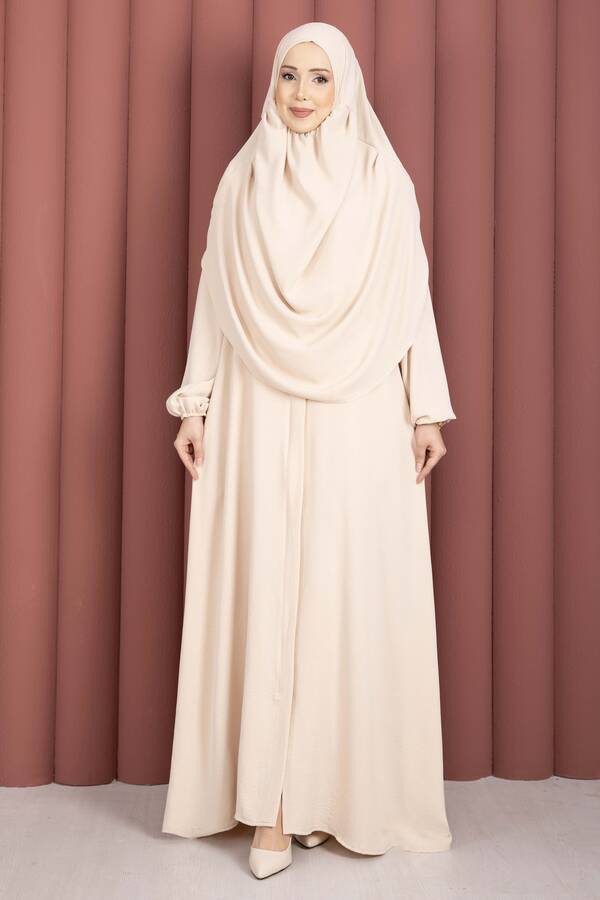 Df - Hafsa Fermuar Detaylı Tesettür Namaz Elbisesi Bej