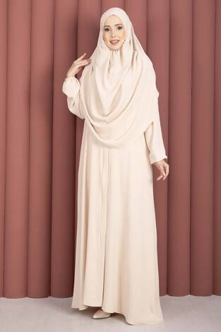 Hafsa Fermuar Detaylı Tesettür Namaz Elbisesi Bej - Thumbnail