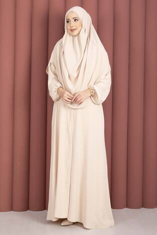 Hafsa Fermuar Detaylı Tesettür Namaz Elbisesi Bej - Thumbnail