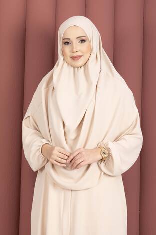 Hafsa Fermuar Detaylı Tesettür Namaz Elbisesi Bej - Thumbnail